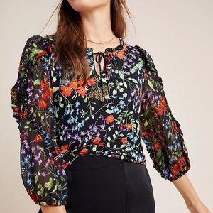 Anthropologie Maeve Black Floral Ruffle Sleeve Blouse